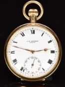 J W Benson of London 9ct gold keyless winding open faced pocket watch with inset subsidiary