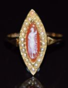 Victorian 18ct gold ring set with an agate cameo depicting a woman, surrounded by seed pearls, in