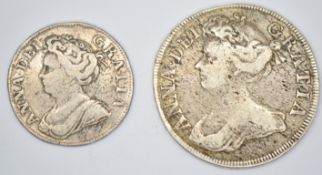 1714 Queen Anne roses and plumes half crown and a 1711 shilling with plain angles