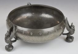 Walker & Co. Homeland pewter Arts and Crafts bowl with bird supports, diameter 25.5cm