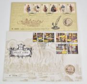Two PNC stamp and coin covers comprising Great Fire of London £2 and Charles Dickens £2