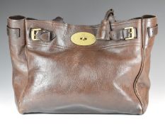 Mulberry Bayswater open buckle tote bag in dark brown grained leather with brass hardware, 42 x