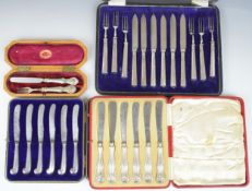 Four cased sets of hallmarked silver handled cutlery comprising two sets of knives, one by