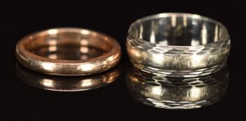 A 9ct white gold wedding band / ring and a 9ct rose gold wedding band / ring, 4.9g, size L & I
