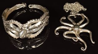 A hallmarked silver bangle and pendant, each in the form of an octopus, maker C G & S