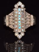 Victorian 9ct rose gold ring set with turquoise and seed pearls, 3.3g, size K