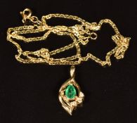 A 14k gold pendant set with a pear cut emerald and diamonds, on 14k gold chain, 2.8g
