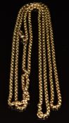 Victorian / Edwardian 9ct gold guard chain made up of faceted links, length 152cm, 51g
