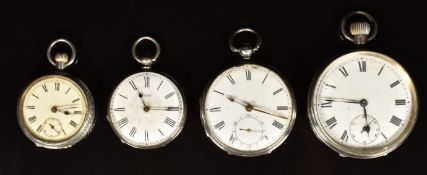 Four silver open faced pocket watches including J R Smith of White Lion Street Norwich, Louville