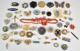A collection of vintage brooches including filigree, paste, Art Deco, micro mosaic, Sphinx, paste