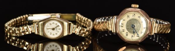 Two 9ct gold ladies wristwatches, both on gold plated bracelets, largest case diameter 25mm.