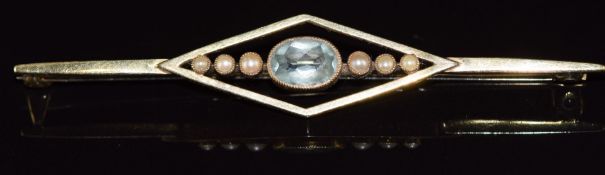 A c1915 9ct gold brooch set with an aquamarine and seed pearls, 5.9g