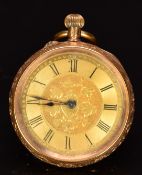 Unnamed 14ct gold keyless winding open faced pocket watch with blued hands, black Roman numerals,