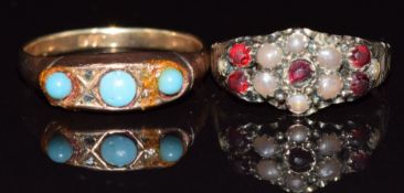 A c1900 9ct gold ring set with garnets and seed pearls and a 9ct gold ring, 3g, size I & M