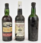 Three bottles of port and sherry comprising Cockburn's 1955 Vintage Port, Quinta Santa Martha Old