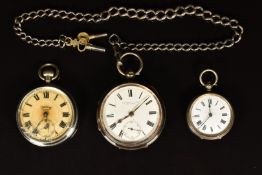 Three open faced pocket watches, one Fattorini & Sons of Bradford hallmarked silver on silver chain,