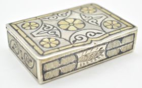 Middle Eastern silver, niello and gilt snuff box, width 8cm, weight 130g