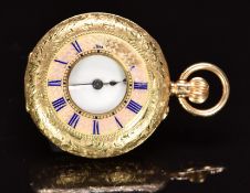 Continental 14ct gold keyless winding half hunter pocket watch with black Roman numerals, blued