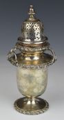 George V hallmarked silver sugar caster with gadrooned edges and unusual Arts and Crafts or Art