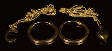 Two 9ct gold pendants, two 9ct gold chains and a pair of 9ct gold earrings, 4g