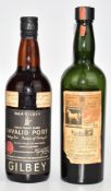 Gilbey Invalid Port with 1948 handwritten to label and an open White Horse whisky with 1947 to