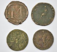 Four Roman copper / bronze coins including Pupienus, smallest 27mm diameter, largest 32mm