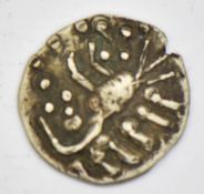 Anglo Saxon silver sceatta coin, obv. quilled animal right, pellets below, reverse beaded