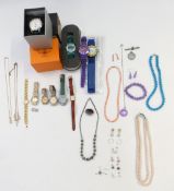 A collection of costume jewellery including 9ct gold and coral earrings, silver medallion 'war