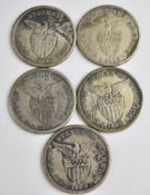 Five USA Filipinas one peso coins comprising 1907, 1908 and 1909 examples with San Francisco mint
