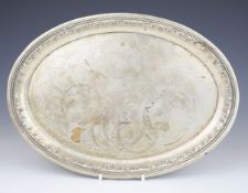 German silver oval dressing table tray with 800 grade silver marks to base, maximum diameter 30.5cm,