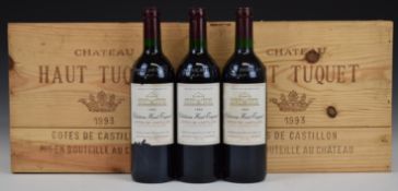 Seven bottles of Chateau Haut Tuquet Bordeaux 1993, 75cl, 12% vol, in three wooden cases , only