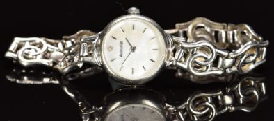 Accurist 9ct white gold ladies wristwatch with mother of pearl dial, silver hands and hour markers