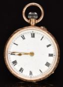 Unnamed 9ct gold keyless winding open faced pocket watch with gold hands, black Roman numerals,