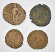 Four Roman copper / bronze coins including Claudius, smallest 27mm diameter, largest 32mm