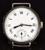 Unnamed silver trench style gentleman's wristwatch with subsidiary seconds dial, blued hands,