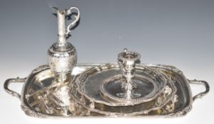 Silver plated two handled tray, length 55cm, two salvers, chamber stick, silver handled knives etc