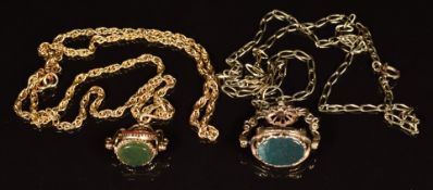 Two 9ct gold chains / necklaces with two 9ct gold swivel fobs set with agate, 19.2g