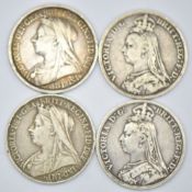 Four Queen Victoria crowns comprising two 1889 Jubilee head and 1893 and 1900 veiled head examples