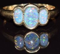 A 9k gold ring set with three opal triplets, 2.3g, size N