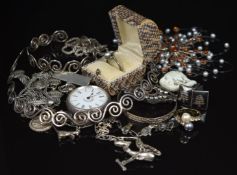 Siam silver cufflinks, silver fob watch, matching silver necklace and bracelet, silver cat bracelet,