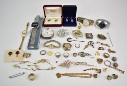 A collection of jewellery including Art Deco wristwatch, Exquisite brooch, 9ct gold earrings, silver