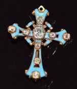 Victorian brooch in the form of a cross set with enamel and old cut diamonds, the largest diamond
