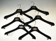 Six vintage Chanel velvet coat hangers with classic Chanel logo in gold. Consigned by an ex-employee
