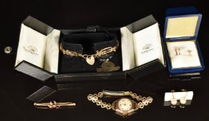 A group of 9ct gold comprising watch, brooch (1.2g), earrings and gate bracelet (5g)