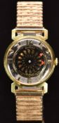 Ernest Borel Cocktail Kaleidoscope wristwatch with red arrow hands, gold Arabic numerals, gold