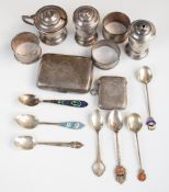 Hallmarked silver items to include cigar case, vesta case, three napkin rings and three piece