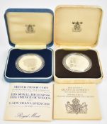Royal Mint two commemorative proof silver coins for the Queen Mother and Charles and Diana, both