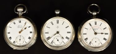 Three hallmarked silver open faced pocket watches Kay's of Worcester Special keyless winding, J G