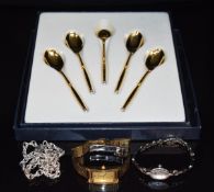 A silver necklace/ chain, Macintosh watch, Pulsar watch and Mikimoto spoons
