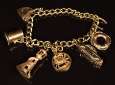 A 9ct gold charm bracelet with six 9ct gold charms including a car, lifebuoy, crab, etc, 25.4g